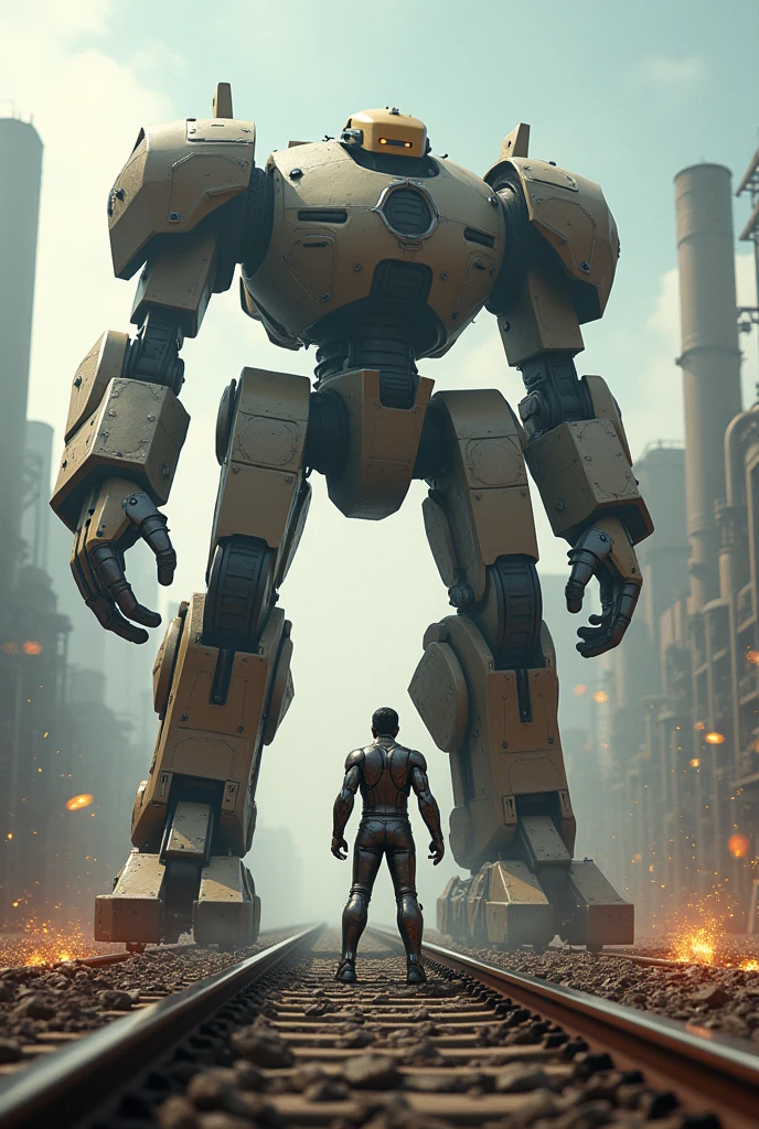 A 6 feet Tall boy robot fighting with Giant overloaded robotic Train