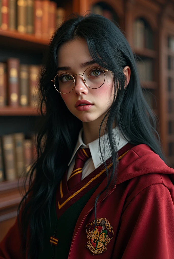 Billie elish long black hair,green eyes ,using round occlusal like harry with hogwarts uniform gryffindor house ,inside a magic library ,realisitic,ultra realistra ,ultra HD ,ultra 8k ,pretty girl , attractive girl , very attractive ,very beautiful , perfect