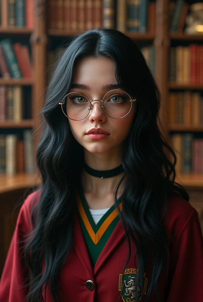 Billie elish long black hair,green eyes ,using round occlusal like harry with hogwarts uniform gryffindor house ,inside a magic library ,realisitic,ultra realistra ,ultra HD ,ultra 8k ,pretty girl , attractive girl , very attractive ,very beautiful , perfect