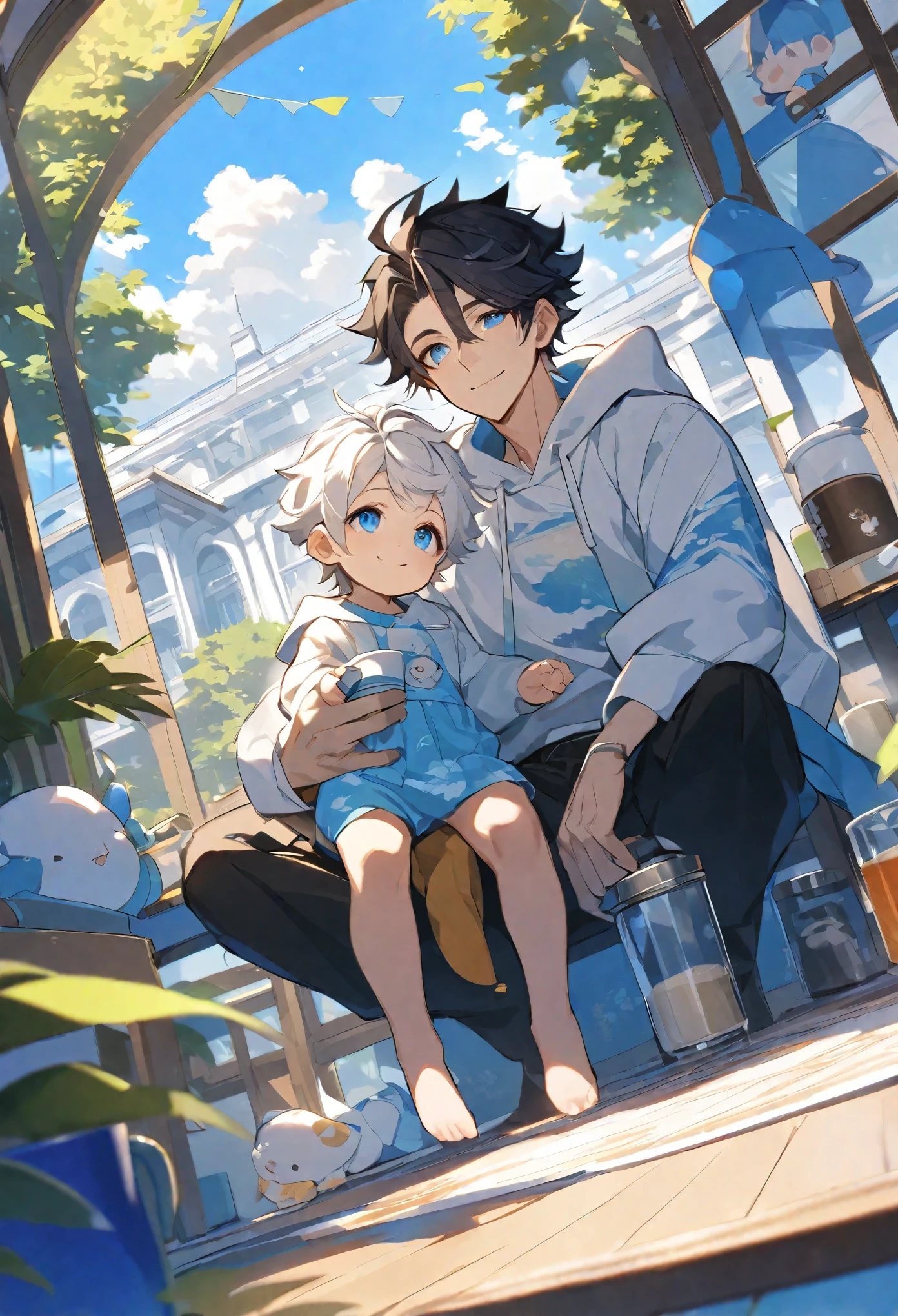 alone, elegant, adult,1 man, (30 year old man) ,Hugging the twins, short hair, black hair, Half and half, blue eyes, details, white shirt, Drink coffee,coffee cup,Coffee table, Hood, The father, Baby, Cute baby, Children's clothing, Two siblings, smile ,,boy, boyอายุ 2 ขวบ , full body, sit, Dynamic angle, black hair, court, 3yo, black hair, daytime, Clear sky, smile, Wearing a white hoodie, blue eyes, The composition should express a blend of innocence., The background should be eye-catching.,boyอายุ 2 ขวบ, full body, sit, Dynamic angle, white hair, court, 3yo, white hair, daytime, Clear sky, smile, Wearing a white hoodie, blue eyes, The composition should express a blend of innocence., The background should be eye-catching.,