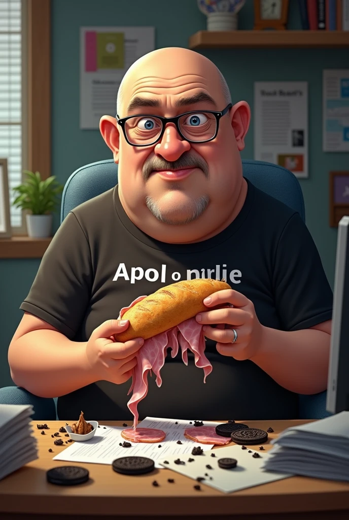 white male, 40 year old, baldie, wrinkled and completely smooth face, no fur, cheeky, Scrawny, but very pot-bellied, wearing glasses and eating baguette with lots of ham. Sitting behind a rather messy desk with a computer, stacks of papers, Oreo crumbs and cookies. Wearing a black shirt with the following phrase: APO1O MPU. 

Perfect the latest creation. Keep her, but put more cookies on the table and more ham on the baguette.
