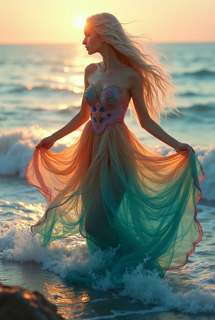 a beautiful woman, in a dress of many bright colors. Woman coming out of the sea.