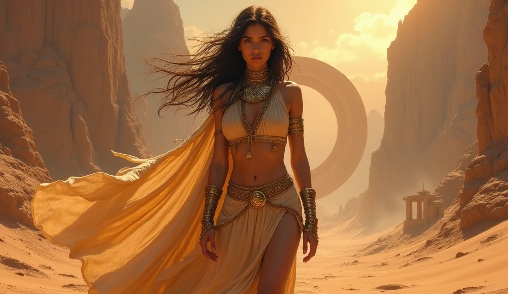 A huge hole in the middle of the burning desert, mountains around, starry sky, A beautiful Persian warrior woman, looking at it, (masterpiece), full hd, best quality, 1 girl, solo, , beautiful, shapely, big hips, big breasts, innocent, Pure, delicate, Proportional body, perfect body figure, cold face, long hair flying in the wind, Photos with depth, wind, (masterpiece), full hd, best quality, expressive eyes, face perfect, 1 girl, solo, Portrait of an ancient Persian female warrior wearing armor fighting fiercely in the desert, In the distance is an ancient temple, long legs