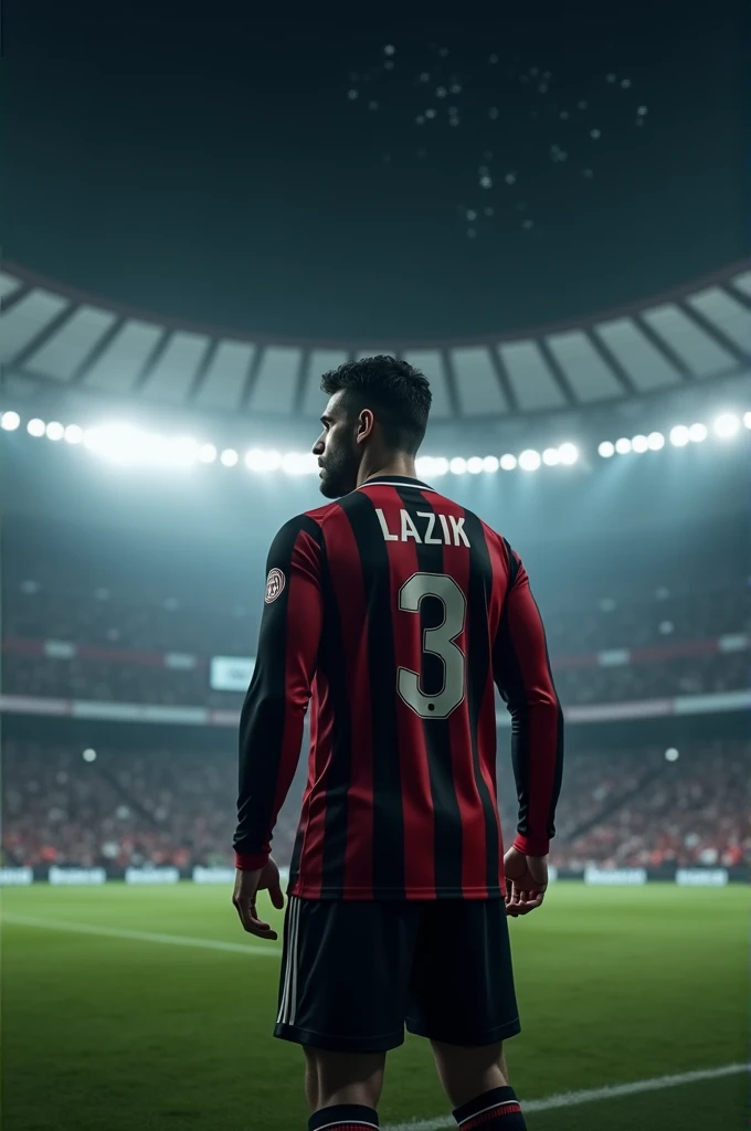 Generate me an image of handsome man standing on San Siro at night from behind wearing AC Milan shirt with long sleeves from 2007 and with number 3 and Lazik written on it in realistic style