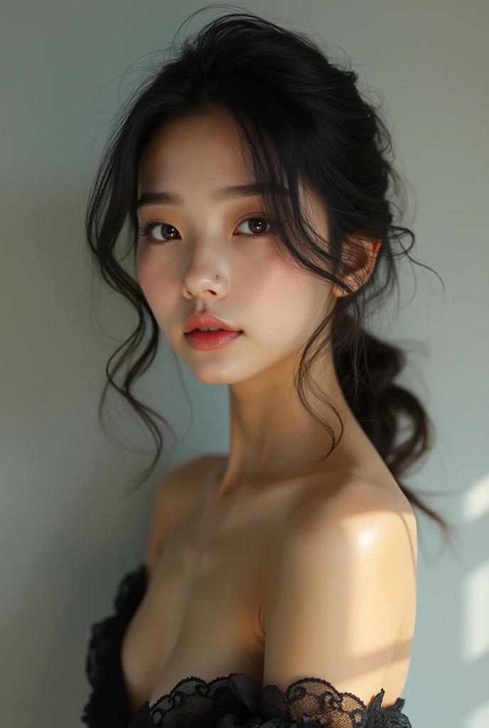 8K, Masterpiece, RAW photo, Best quality, Photorealistic, Extremely detailed CG unifies 8K, 8K, Diamond, and wallpaper, Depth of field, Cinematic light, Lens flare, Ray tracing, (Extremely beautiful face, Beautiful lips, Beautiful eyes), intricate detail face, ((ultra detailed skin)) 1girll, Pretty Korean girl, Kpop idol,1girll, ultra - detailed, hyper realisitc, highly detailed CGillustration, offcial art, cinematric light, Realistic, beautiful girl,horny face, perfect body figure, perfect body figure, full pov, Perfect body, (Starting below:1.3), lewd poses,(huge tit:1.0)extremely large bosom,A sagging breast, long sexy legs, (thigh gap:1.5)plumw,slightly fat big breasts,Wide buttock,self-assured, Beautiful Sexy, Open abdomen, Large, lithe, S-shaped body, Upturned buttocks,posing on a,Pose,Different Perspectives,looking at viewert,Redlip (Pale skin),(ssmile:0.8),nakeness,Bare genitalia,Bare breasts, ass, sexy lace underwear luxury, smile,