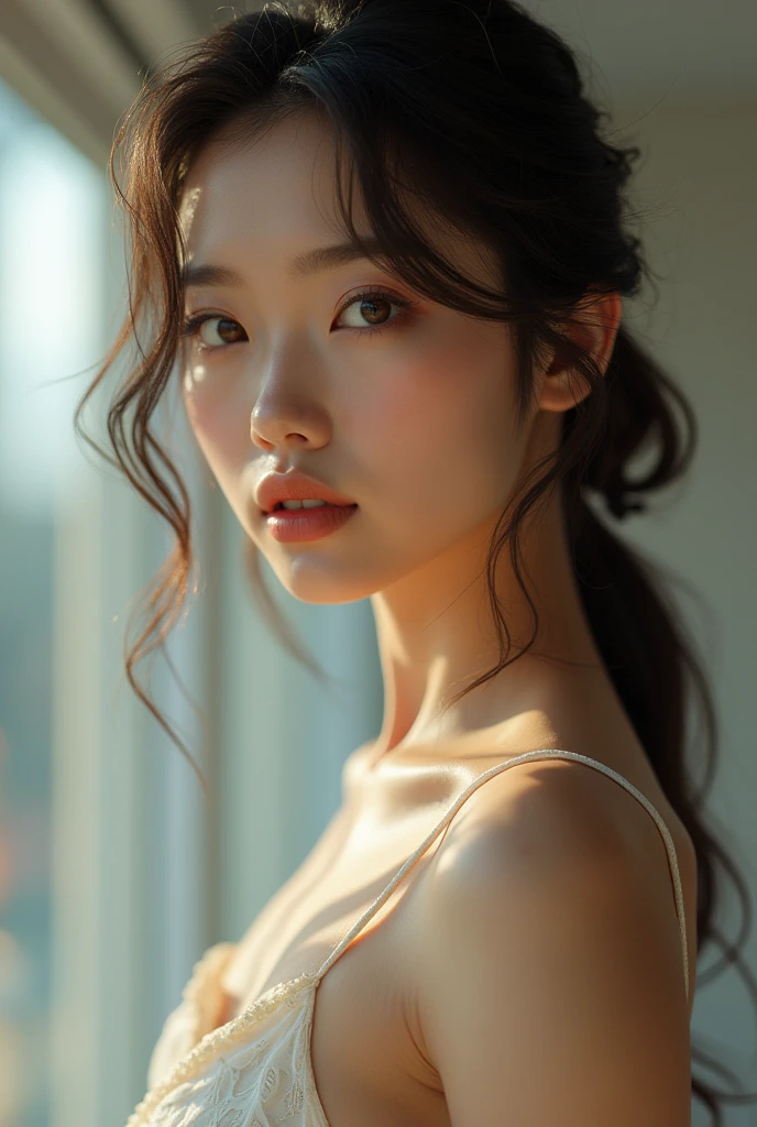 8K, Masterpiece, RAW photo, Best quality, Photorealistic, Extremely detailed CG unifies 8K, 8K, Diamond, and wallpaper, Depth of field, Cinematic light, Lens flare, Ray tracing, (Extremely beautiful face, Beautiful lips, Beautiful eyes), intricate detail face, ((ultra detailed skin)) 1girll, Pretty Korean girl, Kpop idol,1girll， ultra - detailed， hyper realisitc， highly detailed CGillustration， offcial art， cinematric light， Realistic, beautiful girl，horny face, perfect body figure， perfect body figure， full pov， Perfect body， （Starting below：1.3）， lewd poses，（huge tit：1.0）extremely large bosom，A sagging breast， long sexy legs， （thigh gap：1.5）plumw，slightly fat big breasts，Wide buttock，self-assured， Beautiful Sexy， Open abdomen， Large, lithe， S-shaped body， Upturned buttocks，posing on a，Pose，Different Perspectives，looking at viewert，Redlip (Pale skin),（ssmile：0.8），nakeness，Bare genitalia，Bare breasts, ass, sexy lace underwear luxury, smile,