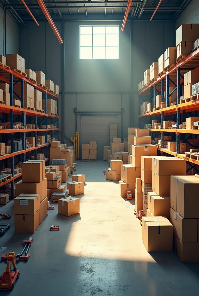 A warehouse with cardboard boxes ready to ship merchandise, packing tools, In addition to hardware products and household items scattered throughout the space. Light enters through a window at the top, illuminating the grey ground.