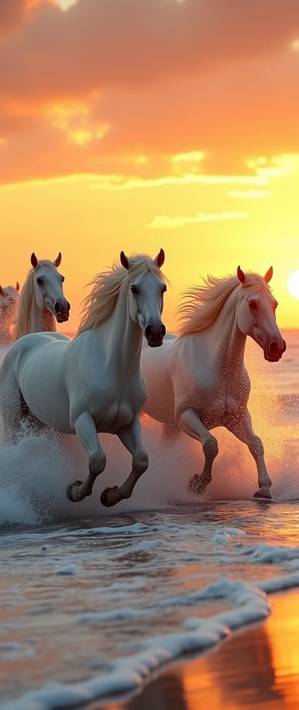 golden hour scene, 5 white horses running through the waves on a beach, masterpiece, backlit,