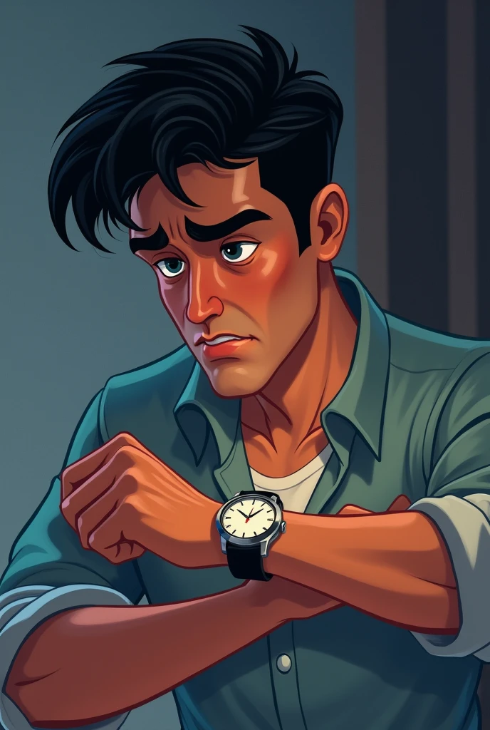 a dark-haired man with a wristwatch, worried about the hours. Desenho estilo disney