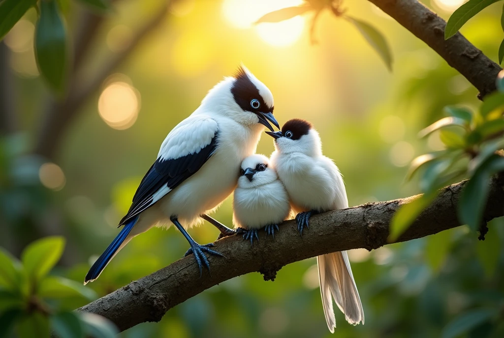 A mesmerizing wide angle portrait of a gorgeous colorful Bali myna, feeding baby birds in their nest, on a leafy tree branch, illuminated by the soft, golden light of a tranquil morning, detailed background with vibrant bokeh balls gently framing its delicate form.