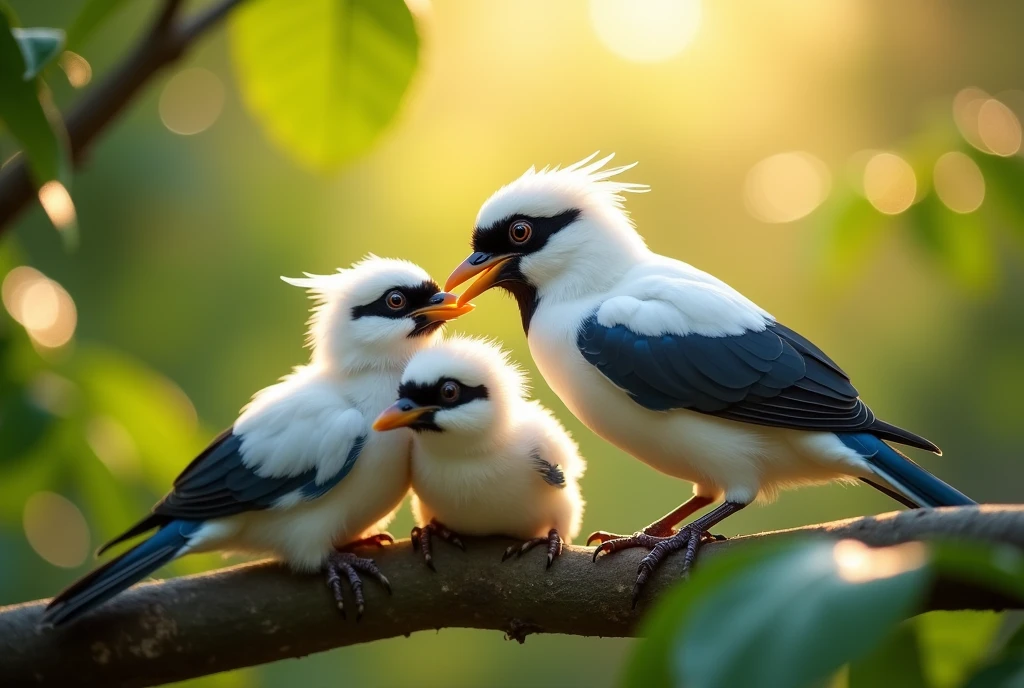 A mesmerizing wide angle portrait of a gorgeous colorful Bali myna, feeding baby birds in their nest, on a leafy tree branch, illuminated by the soft, golden light of a tranquil morning, detailed background with vibrant bokeh balls gently framing its delicate form. 