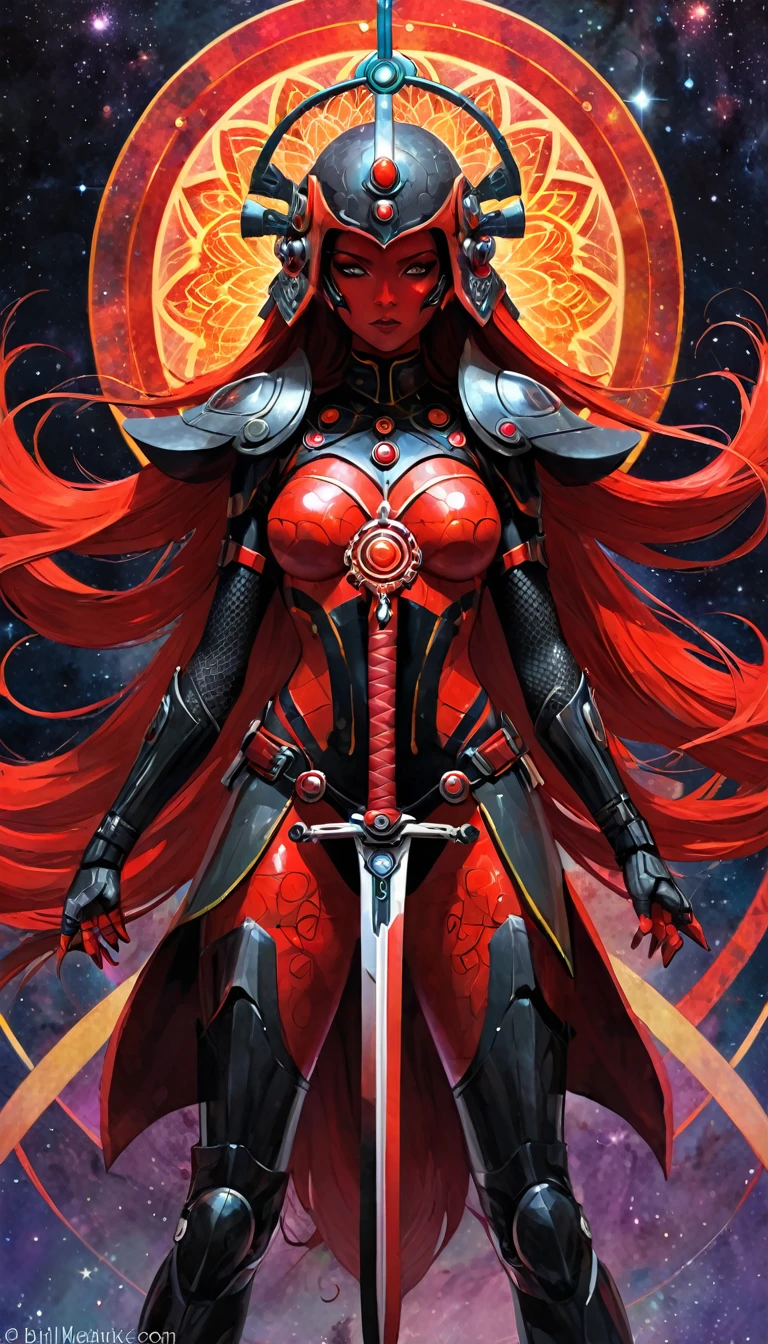 1girl, alone, MANdALA fractal red body paint, sexy, multicolored very long hair galactic soldier holding a galactic mandala black sword with both hands, mandala helmet and ready to attack aggressively, ZZZ, ZENLESSZONEZERO, eroticism, sexy, emotional impact, art inspired by Bill Sienkiewicz and Dave McKean