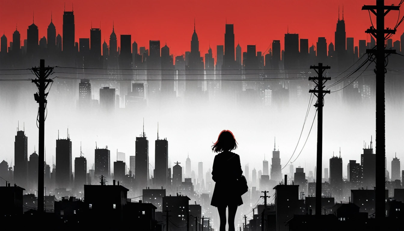 (styled by Ashley Wood:1.3),(in the style of Takeshi Obata:0.9),
black and white city skyline background,protruding power poles,(a red silhouette of a young girl:1.6),minimalist silhouette,red silhouette,Black and white background,wide_shot,silhouette of teenage girl on telephone pole,