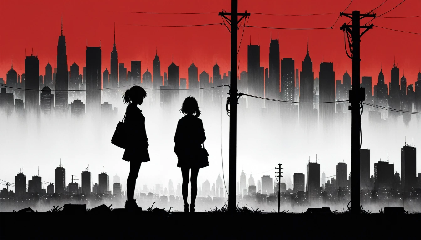 (styled by Ashley Wood:1.3),(in the style of Takeshi Obata:0.9),
black and white city skyline background,protruding power poles,(a red silhouette of a young girl:1.6),minimalist silhouette,red silhouette,Black and white background,wide_shot,silhouette of teenage ??????? telephone pole,
