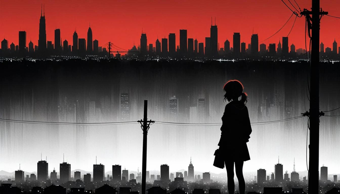 (styled by Ashley Wood:1.3),(in the style of Takeshi Obata:0.9),
black and white city skyline background,protruding power poles,(a red silhouette of a young girl:1.6),minimalist silhouette,red silhouette,Black and white background,wide_shot,silhouette of teenage girl on telephone pole,
