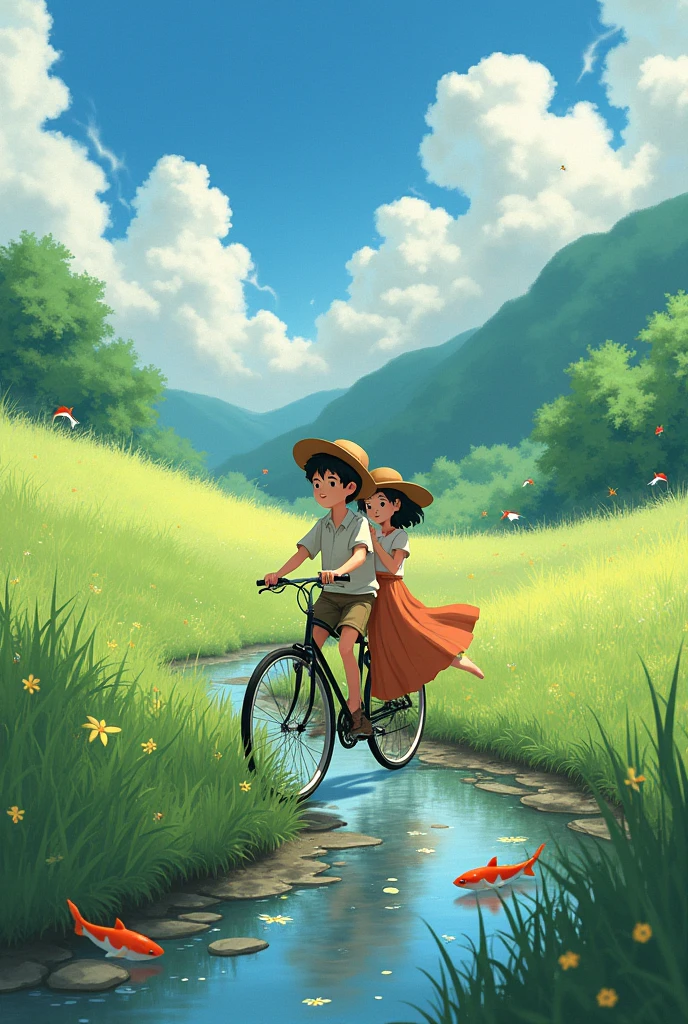 Similar to the movie style of My Neighbor Totoro, A boy wearing a hat riding a bicycle carrying a girl in a long skirt,Long skirt flowing in the wind。The elves are flying in the grass。Fish are leaping happily in the stream beside
