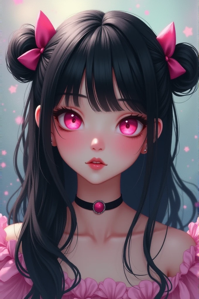 with black hair and bangs, pigtails and pink eyes