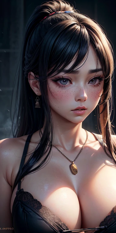 Kaori, Single model, solo, half Asian, half Latino, very long straight black hair, high ponytail, freckles, blushing, wet eyes, long chain pendant, very large heavy breasts, chubby, belly, stretchmarks, (best quality,4k,8k,highres,masterpiece:1.2),ultra-detailed,(realistic,photorealistic,photo-realistic:1.37),detailed portrait, cinematic lighting, natural skin texture, intricate details, dramatic colors, moody atmosphere, heavy eye shadow, mascara, sports underwear 