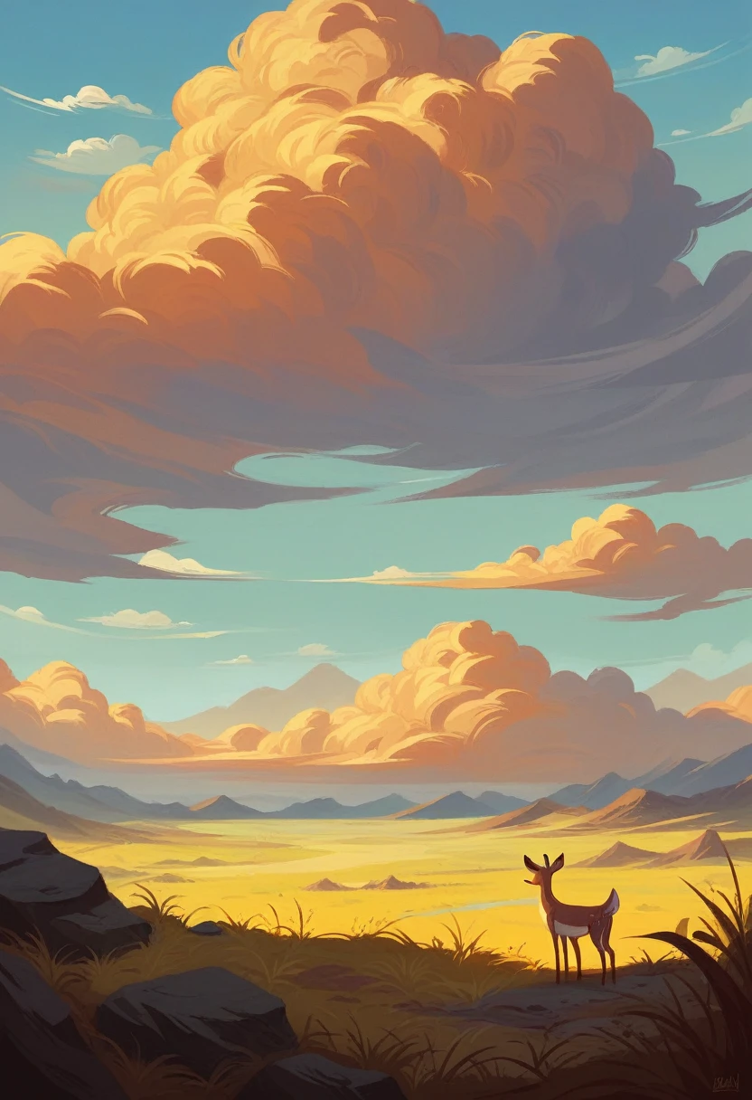 An immense landscape, very big and endless, a plain with golden grass and large rocks scattered across the landscape, a very colorful sky with orange clouds, most beautiful landscape, stony, far away a deer drinking water