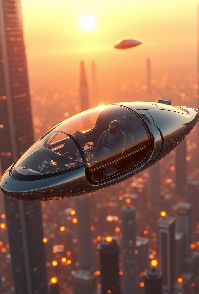 Carro futurista, designer oval, cabine transparente mostrando piloto, flying at altitude over a city with gleaming buildings on a planet illuminated by the midday sun, arte intrincada, detalhes precisos, fiction art, revista premiada, cinematic quality, 8K