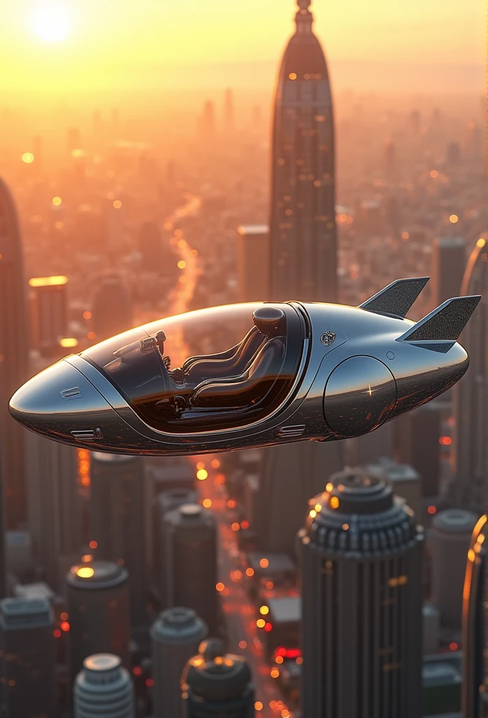 Carro futurista, designer oval, cabine transparente mostrando piloto, flying at altitude over a city with gleaming buildings on a planet illuminated by the midday sun, arte intrincada, detalhes precisos, fiction art, revista premiada, cinematic quality, 8K