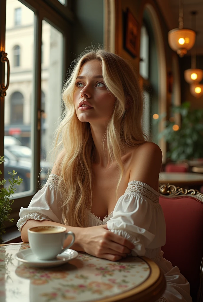 a woman with long hair, blonde, honey eyes, sitting in a cafe in Paris 4K ultra realistic