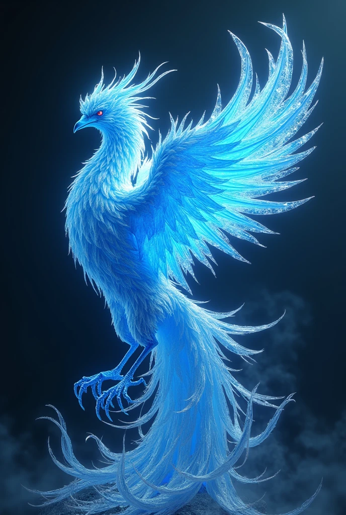 Un phoenix qui est fait de flammes bleues et de piques de glaces

