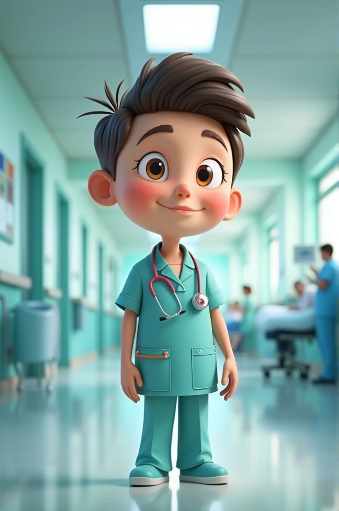 An animated character is like the character of the head boy, who is a nurse and has a beautiful smile and is slightly inclined to the left, and the space behind it is inside the hospital and he compliments, he is a man, he is white, and he is short.