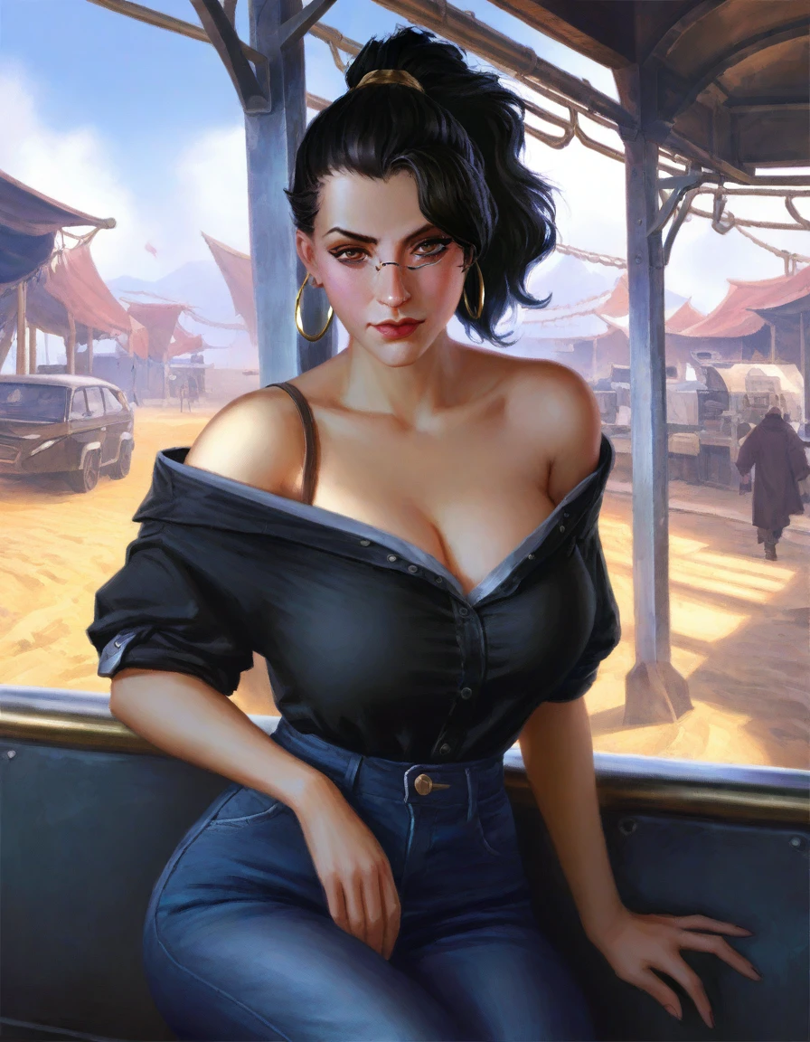 score_9, score_8_up, score_7_up, score_6_up, score_5_up, score_4_up, best aesthetic,high aesthetic,legends of runeterra,lolsplashart,mlbbsplashart, ((low depth of field)), , (beautiful landscape), BREAK woman sitting in a bus stand, 1girl, pale-skinned female, large breasts, grey eyes, black hair, ponytail hair, hair over one eye, hoop earrings, shirt, off-shoulder shirt, black topwear, jeans, looking at viewer, curious expression
