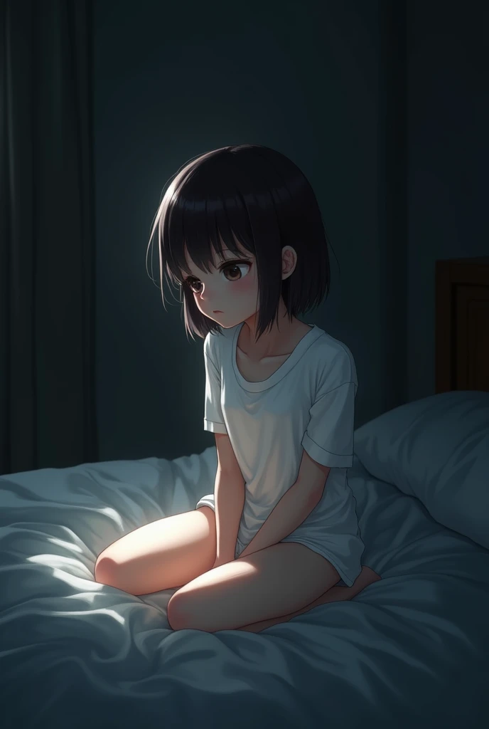 Young girl of 150cm and 45 weight with a white shirt and panties and in a dark room on a bed