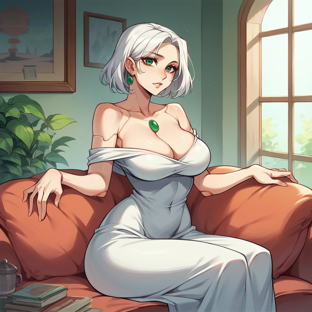 a robot MILF (in her 40s) stares blankly at you in your living room of your house. she has white hair with green eyes. You see her robotic parts but she is also wearing a dress.