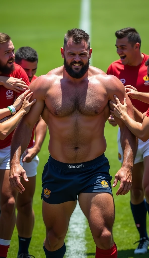 shot of a arafed rugby player , day is beautiful ,stand with short hair and a muscular, he is shirtless gigant hairy chest. He is being pushed onto the field by his teammates. The player is shirtless only in jockstrap , olmost naked , His teammates laufing are surrounding him, removing his clothes and touching his body parts. The background is a rugby field with grass and a white line. The lighting is bright ,