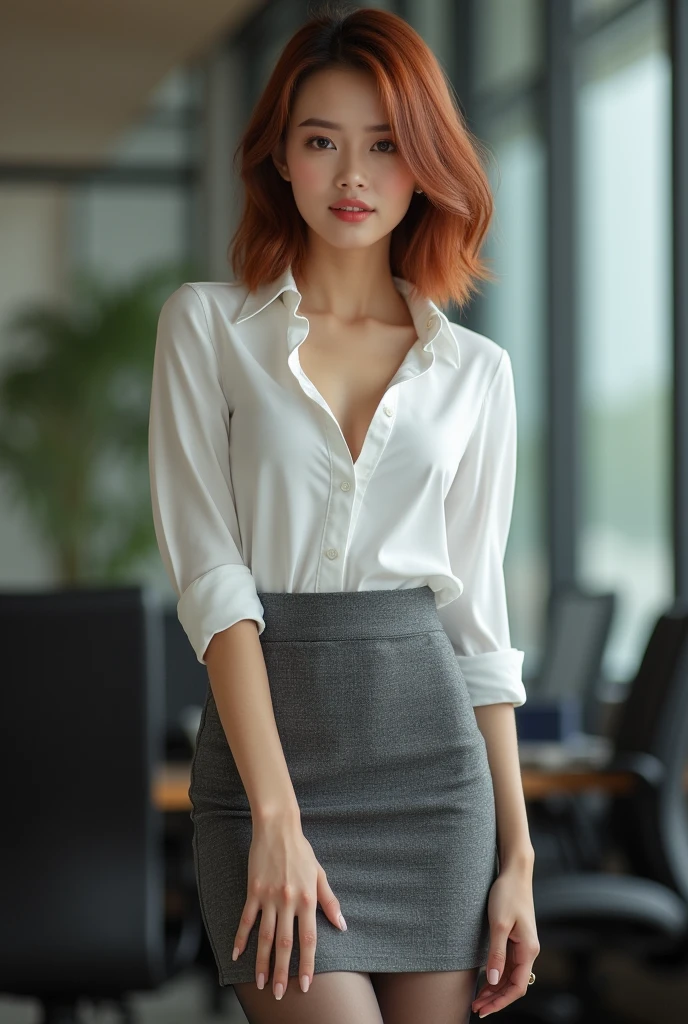 Erotic Malaysian girl with perfect face, secretary with open white blouse grey pencil skirt and black stockings, medium bob cut with copper highlights, lots of make up, thin lips, big eyes, tiny body, slim waist, ultra realistic, angelic Asian, Malaysian babe