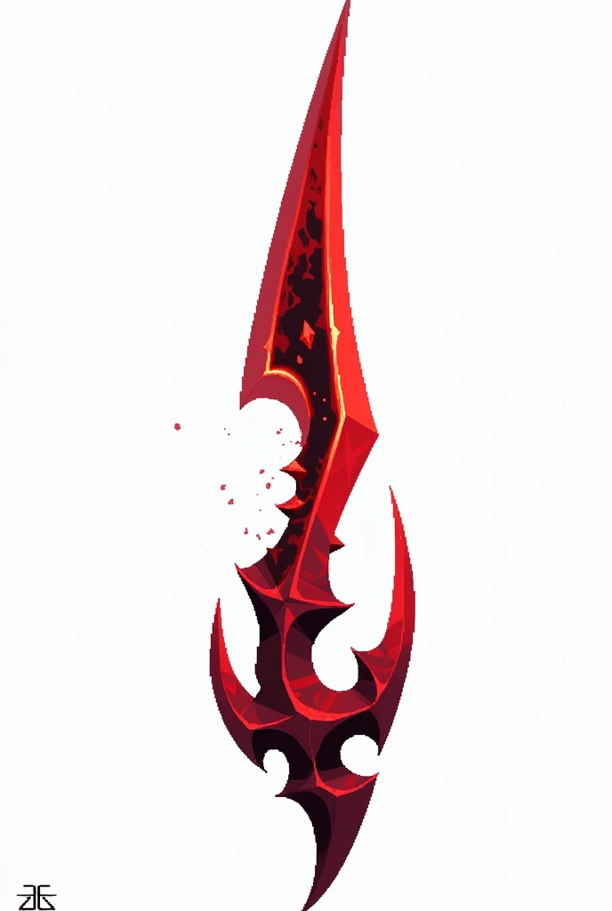A sword projectile in the style of a pixel drawing, made of solid blood-colored crystal with vessels of black void