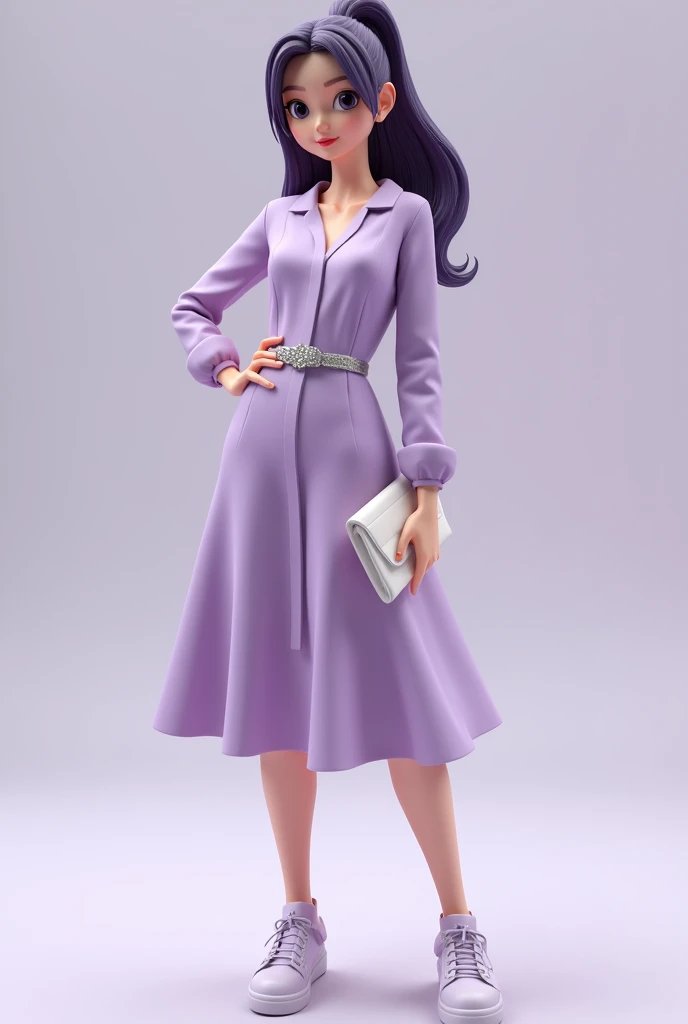 C4D model, a , in a lavender dress, with a silver belt, dark purple hair styled in a high ponytail, holding a white clutch bag, and wearing lavender sneakers with white laces.