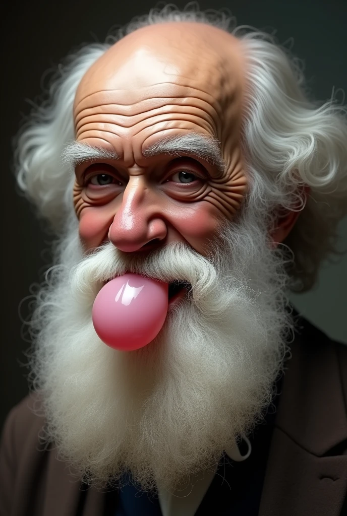 Create image of Charles Darwin, photo realist, chewing gum, Darwin looking happy,smiling and serene, large, translucent chewing gum 