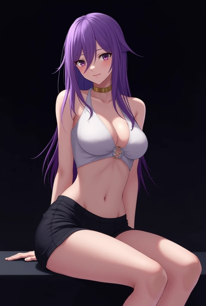 A girl with purple hair and big breasts sits with her legs stretched out, wearing black skirt.