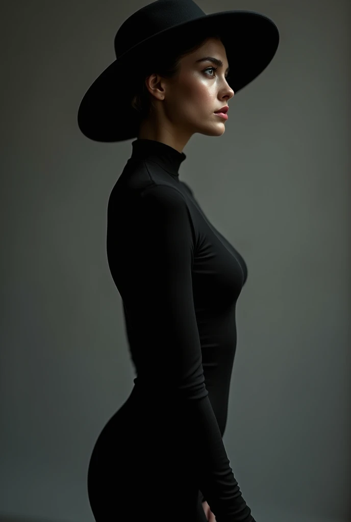 a woman 20 years in a black dress is wearing a big hat to the right, in the style of clever use of negative space, i can't believe how beautiful this is, light & shadow, crisp lines and forms, dark and intricate