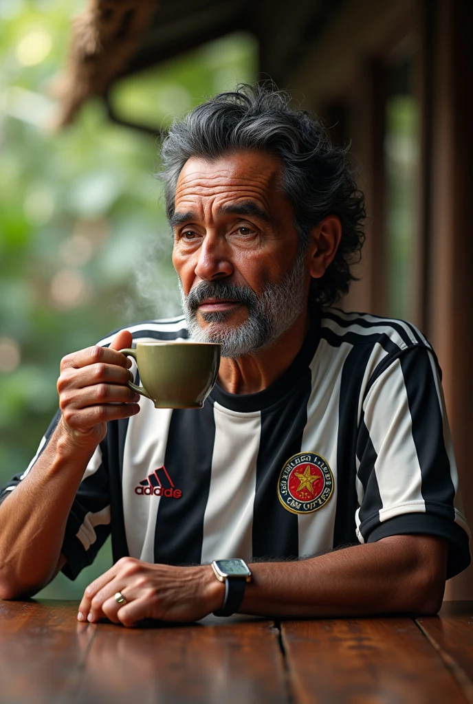 Mapuche man drinking coffee wearing the shirt of the Colo-Colo football team from Chile
