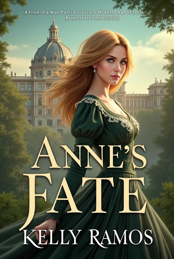 Create for me the cover image of my book Anne's Fate. Write the name in Portuguese and put my author name Kelly Ramos. Put a palace in the background. A very realistic image of a woman with blond hair and green eyes. Wearing a period dress from 1910.