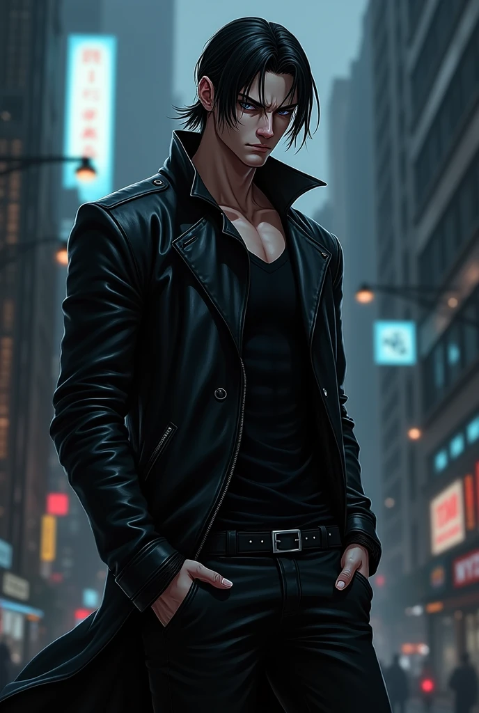 Serious anime man with black hair and leather clothes