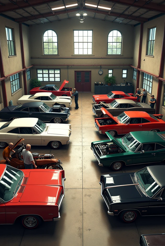 Large and spacious motorcycle and car workshop layout, on the first floor offices, well-defined complete cars, well-defined complete motorcycles, open hoods, six male mechanics 1967 matte black ford impala | dodge charger rt 1970 blanco | pontiac gto 1970 dark green | plymouth barracuda 1969 red | lincon continental negro 
scout bobber Indian | harley davidson low riders royal enfield alter ego | triumph bonneville bobber