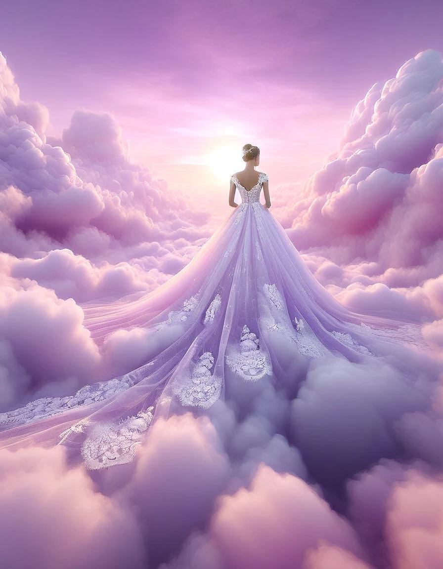 Tyndall phenomenon,Best quality,super detailed, valid,professional,white fluffy lace wedding dress,extravagant,lots of lace on the dress, Rows of pale pink violet rays, cloud, light fog,White minimalist, partial reflection,Desktop wallpaper,Love is light, 8 K,12K,
