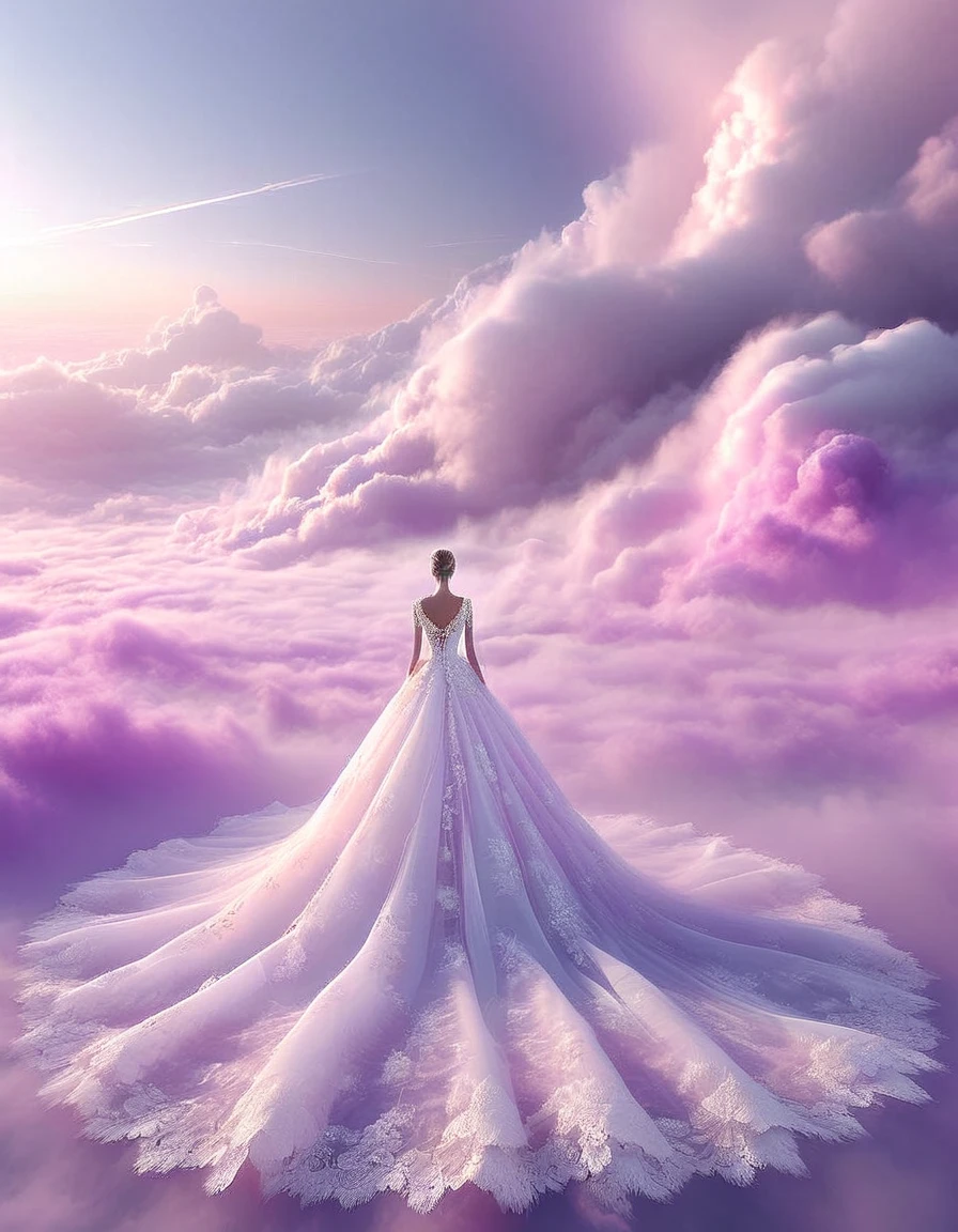 Tyndall phenomenon,Best quality,super detailed, valid,professional,white fluffy lace wedding dress,extravagant,lots of lace on the dress, Rows of pale pink violet rays, cloud, light fog,White minimalist, partial reflection,Desktop wallpaper,Love is light, 8 K,12K,