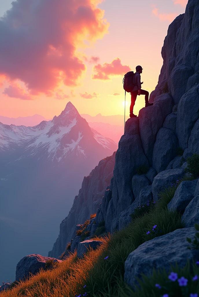 climber ascending a mountain at 3:00pm with vivid colors seen in profile on a mountain meadow rising photorealistic
