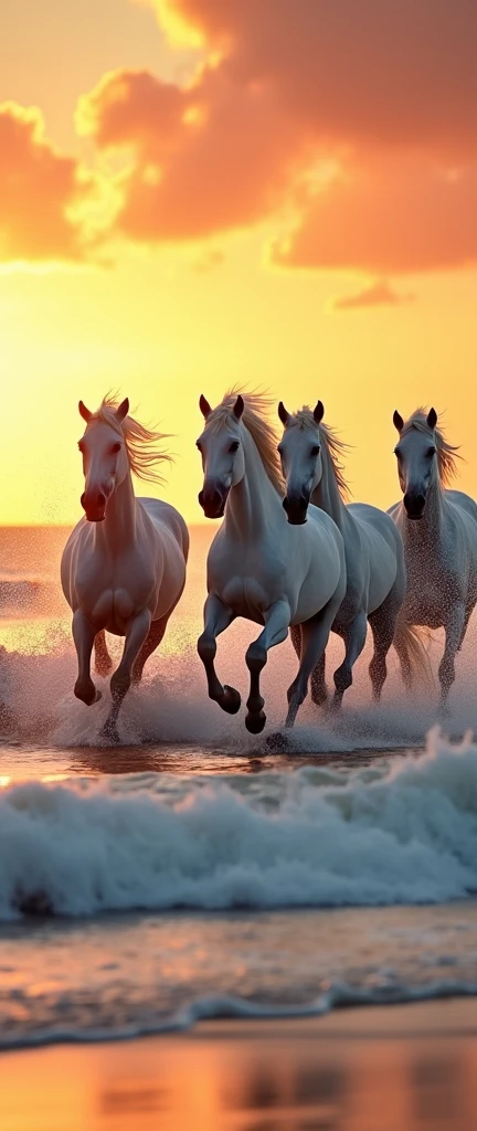 golden hour scene, 5 white horses running through the waves on a beach, masterpiece, backlit,
