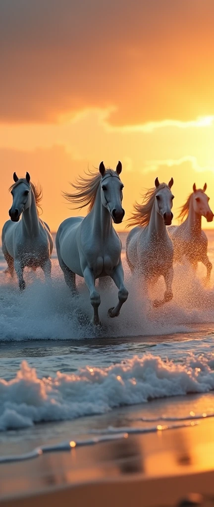 golden hour scene, 5 white horses running through the waves on a beach, masterpiece, backlit,
