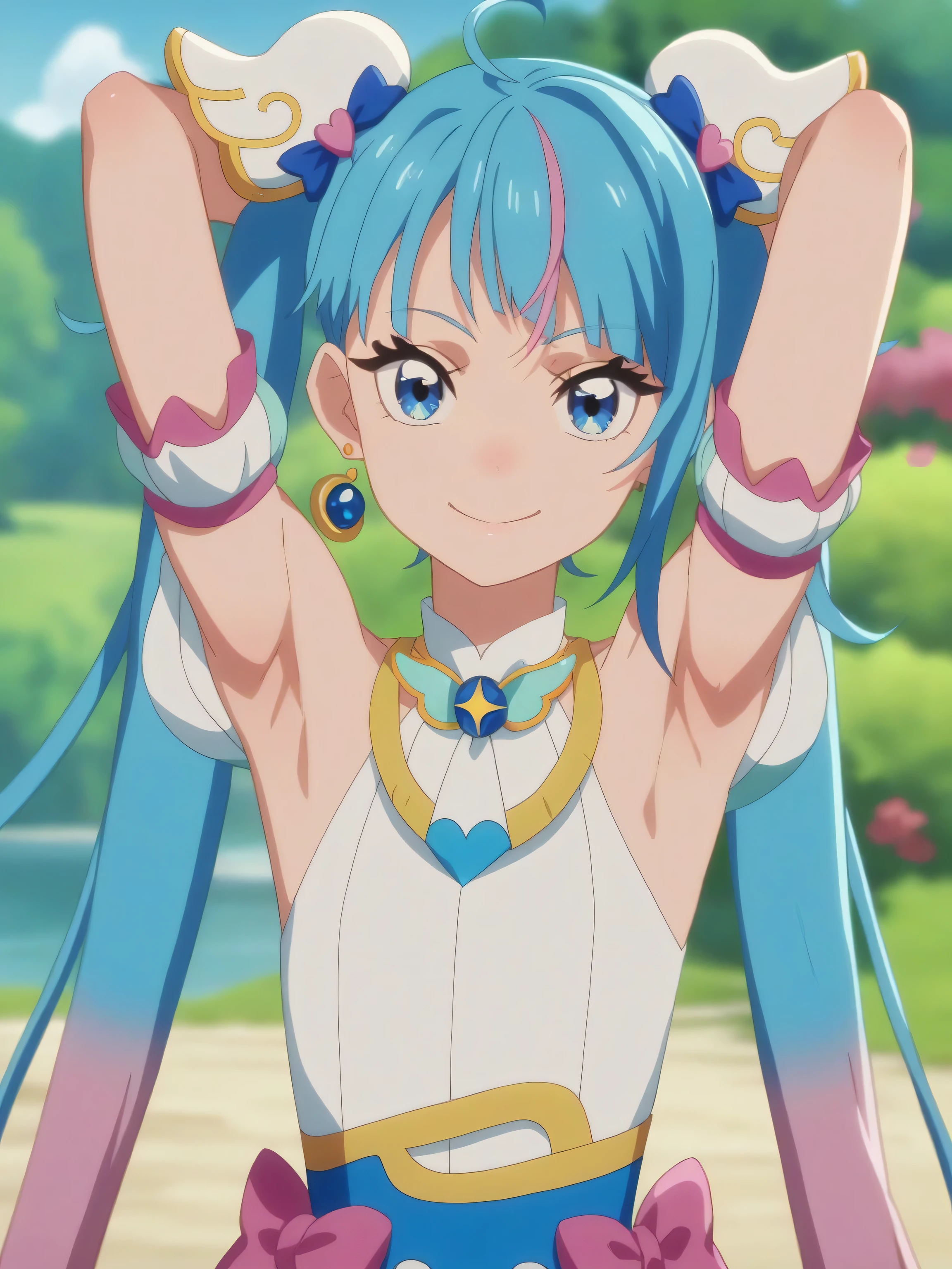 score_9, score_8_up, score_7_up, source_anime, anime screencap, 1girl, solo, outdoors, day, sky, curesky, hair ornament, earrings, brooch, multicolored clothes, puffy detached sleeves, pink bow, blue eyes, symbol in eyes, multicolored hair, blue hair, pink hair, twintails, very long hair, flat chest, bare shoulders, looking at viewer, eye contact with viewer, smile, closed mouth, arms behind head, armpits, in the center, symmetrical,