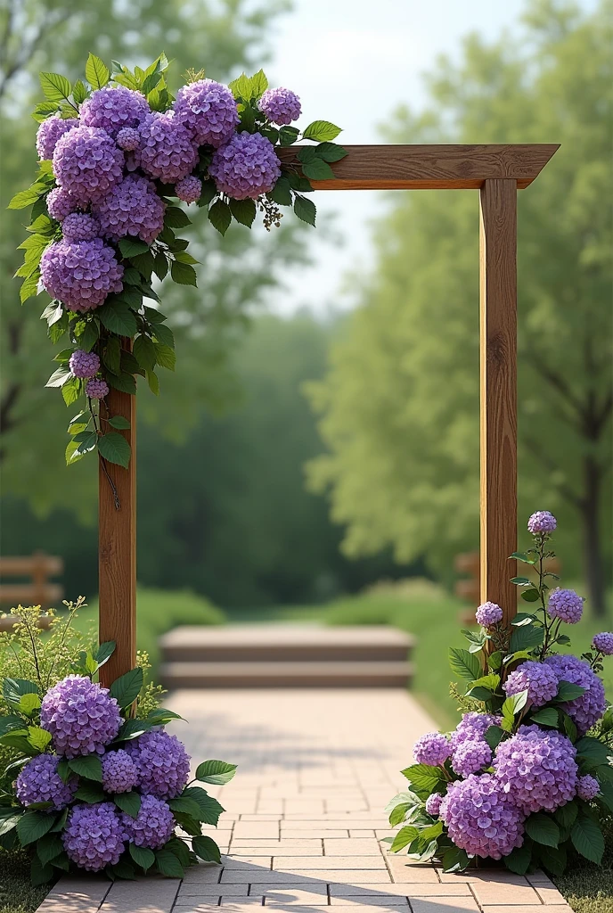 want an image of a wooden bridal arch that is straight not curved and that in both corners there are purple hydrangeas with green leaves and it is outdoors.