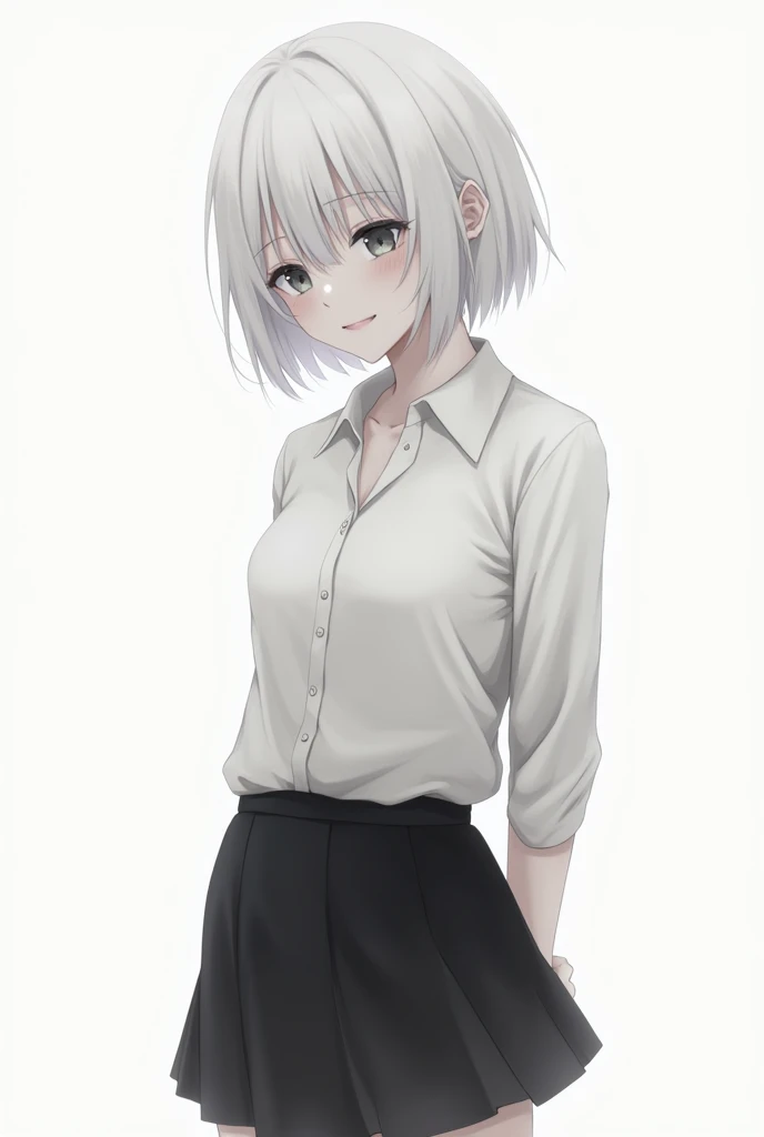 ((masterpiece, Best Quality)), (1 girl), (Alone), (feminine focus), (He drowned, by white, short hair), black eyes, light smile, open mouth, ((White shirt), (buttoned shirt), (space between buttons)), ((black skirt), (short skirt)), standing, White background, arms behind the back, dynamic angle